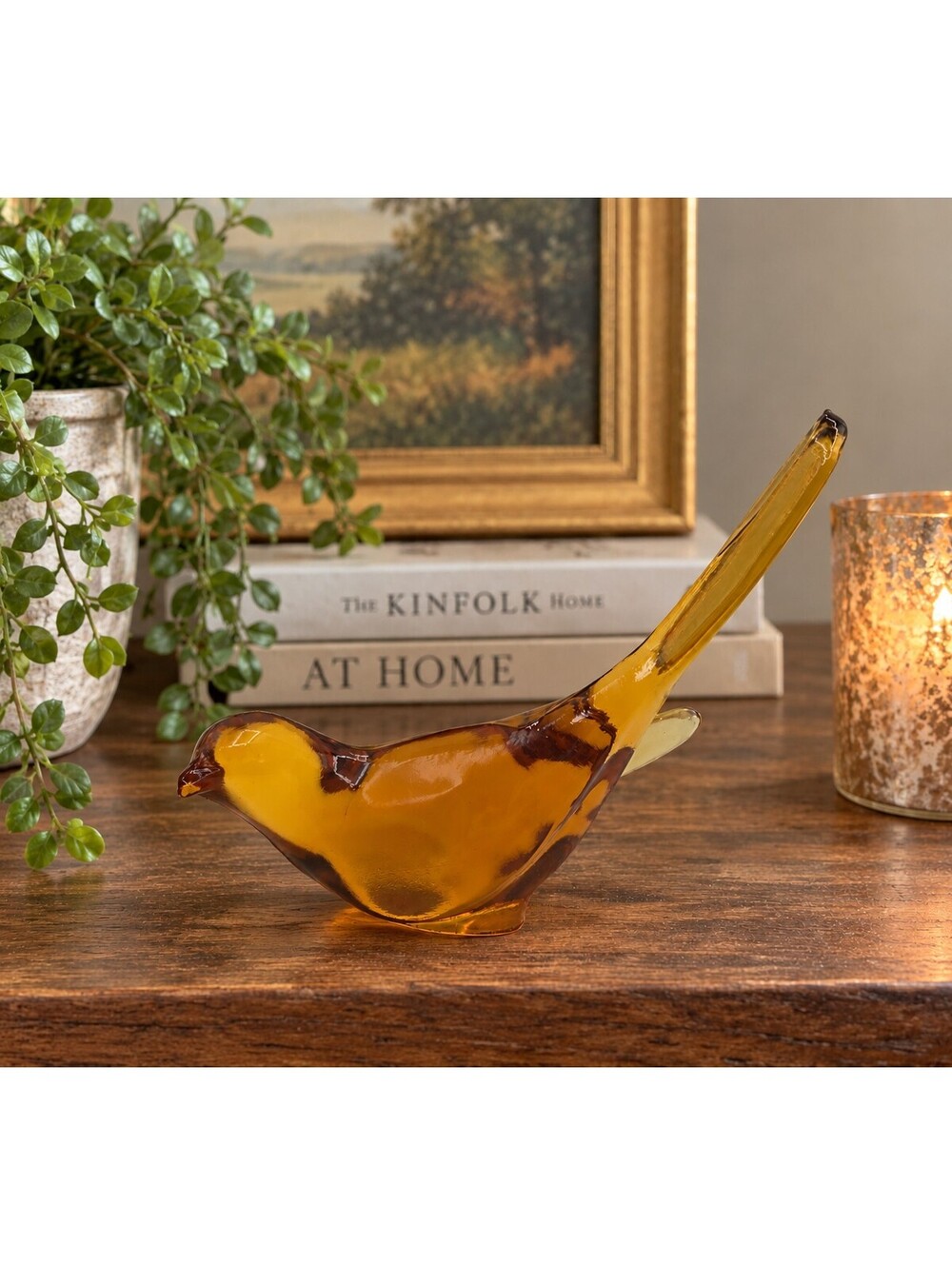 Vintage Pilgrim Glass Amber Long Tail Bird Figurine MCM Art Glass 7"